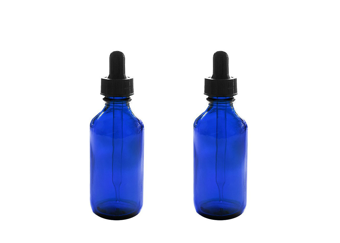 Bouteilles vides bleues d'huile essentielle stockant des produits chimiques de chimie de parfums
