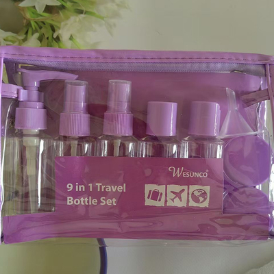 60ml 9pcs ensemble ensemble de voyage en plastique ensemble bouteille sac fermeture éclair ensemble récipient cosmétique lotion pompe spray bouteille Flip Cap
