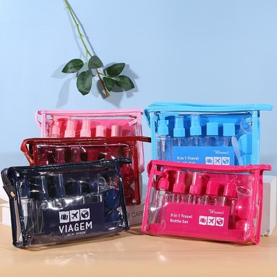 Ensemble de voyage en plastique de 9 pièces de 60 ml, contenant des bouteilles, des pompes à lotion, des vaporisateurs, des bouchons à rabat, des pots réutilisables