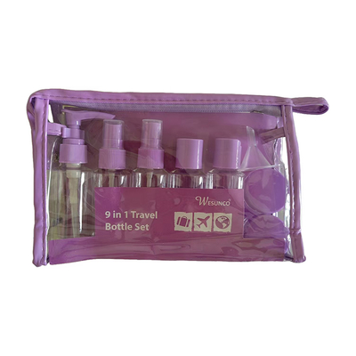 Ensemble de voyage en plastique de 9 pièces de 60 ml, contenant des bouteilles, des pompes à lotion, des vaporisateurs, des bouchons à rabat, des pots réutilisables
