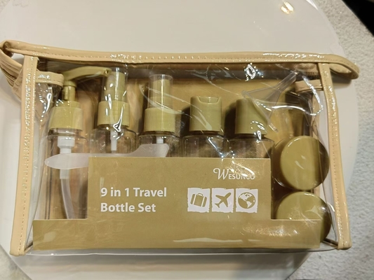 Ensemble de voyage en plastique de 9 pièces de 60 ml, contenant des bouteilles, des pompes à lotion, des vaporisateurs, des bouchons à rabat, des pots réutilisables