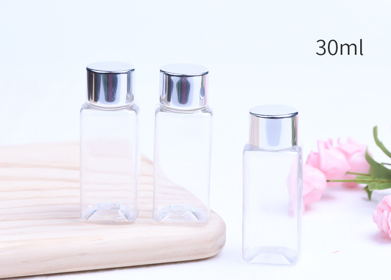 Conteneurs cosmétiques en plastique clairs, bouteilles en plastique carrées avec les couvercles en aluminium